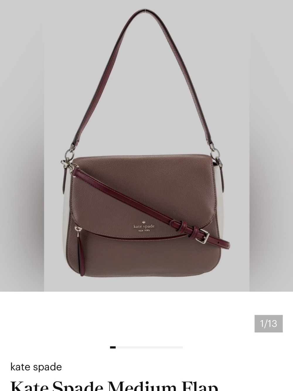 kate spade Pebble Leather Flap Shoulder Bag in Taupe with Burgundy Strap